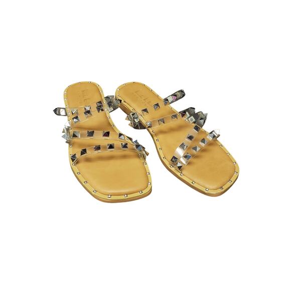 Nicole Miller New York Clear / Silver Pyramid Studded Slide on Flat Sandal - Picture 11 of 11